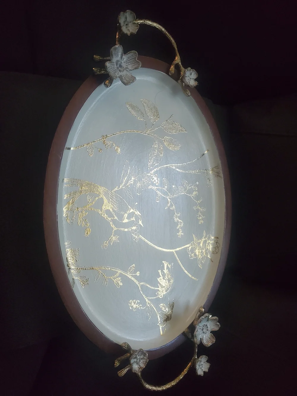 Ornate Bird & Blossom Decorative Serving Tray - White & Gold